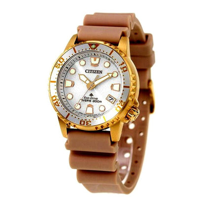 Citizen PROMASTER EO2023-00A men's diver wristwatch with silver dial, pink beige urethane band, and gold-plated stainless steel case