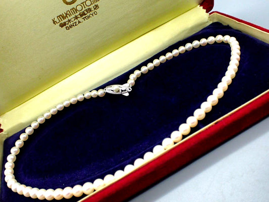 MIKIMOTO Akoya Pearl Necklace with 5.5mm pearls, 38cm length, displayed with original case