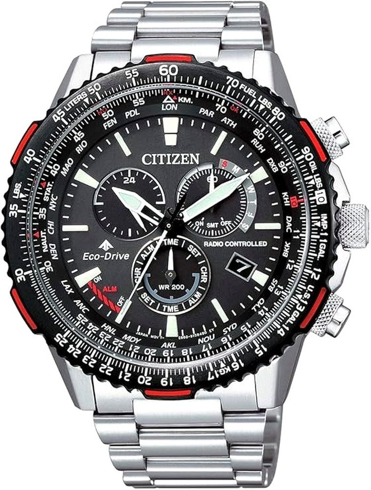 Citizen Promaster Sky Eco-Drive CB5001-57E radio-controlled pilot watch with aviation slide rule and black band