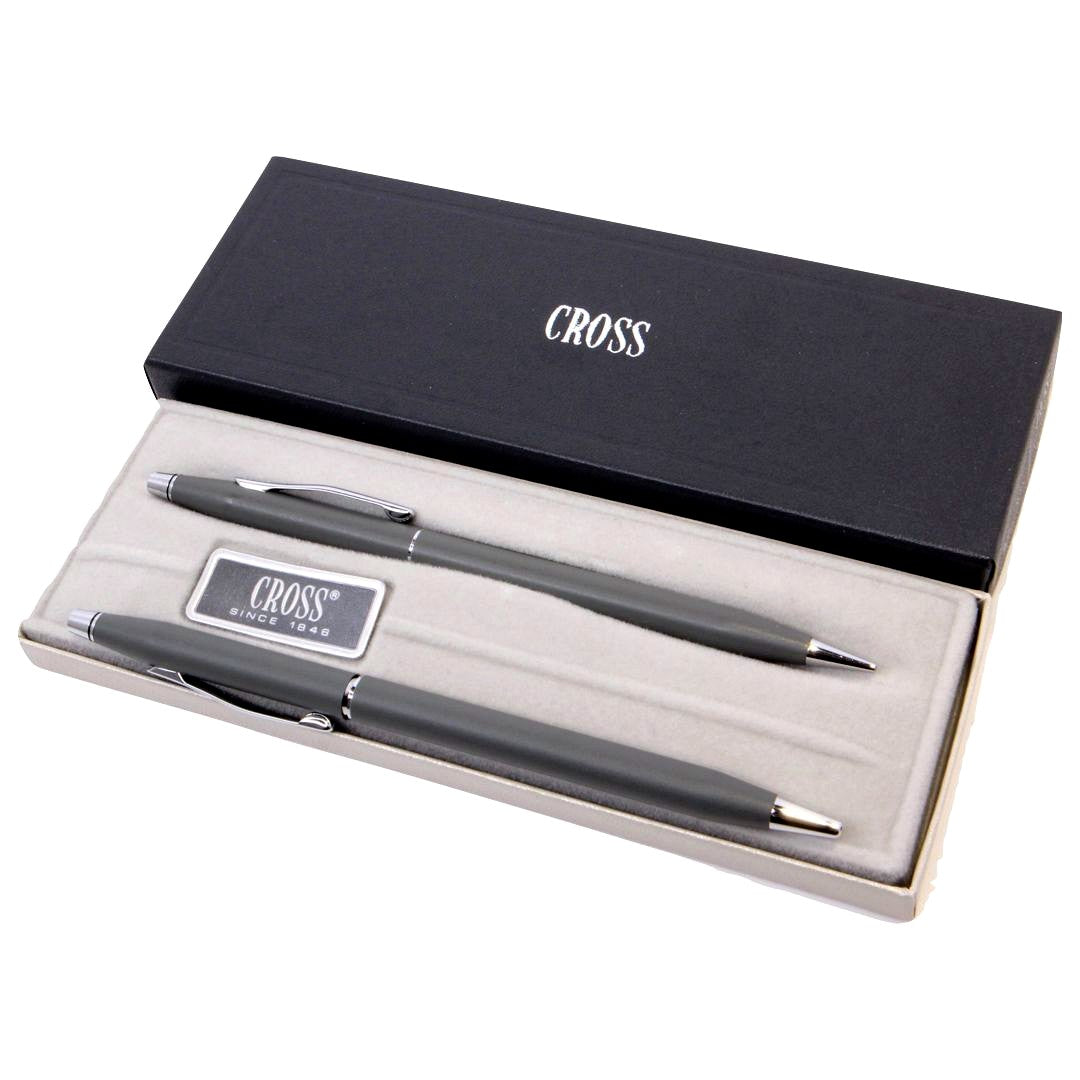 Cross ballpoint pen and mechanical pencil set with silver chrome finish in original box