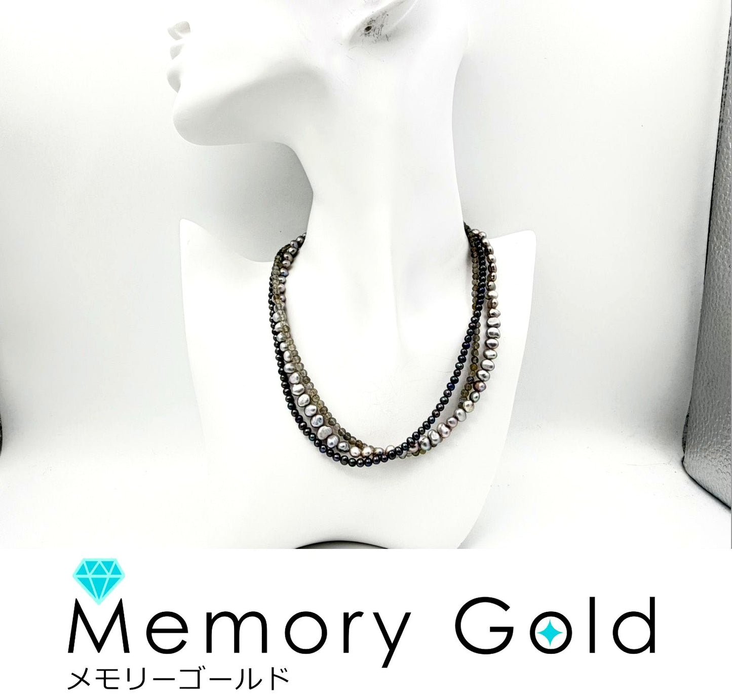 Agate silver three-row necklace with baroque freshwater pearls and labradorite stones, length 36-40 cm