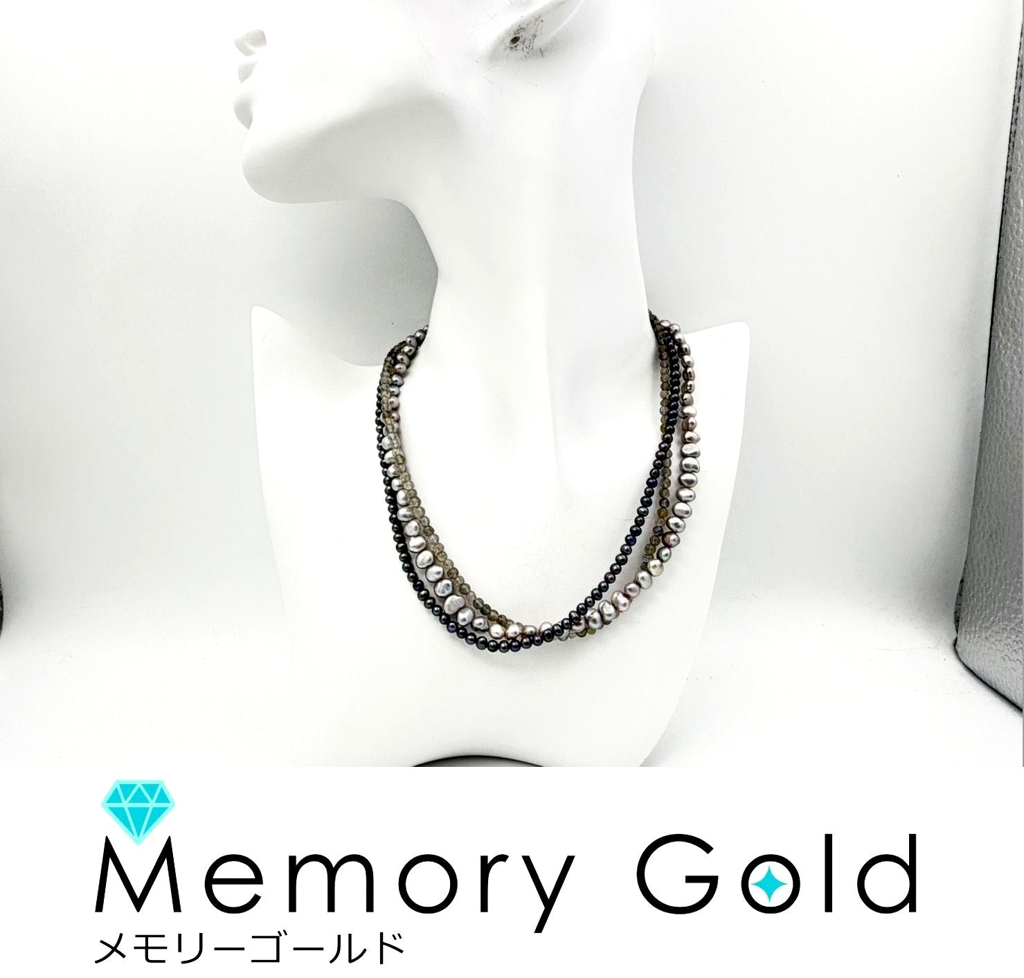 Agate silver three-row necklace with baroque freshwater pearls and labradorite stones, length 36-40 cm