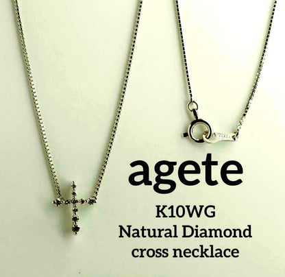 Agete Law K10WG diamond cross necklace in 10 karat white gold with pouch