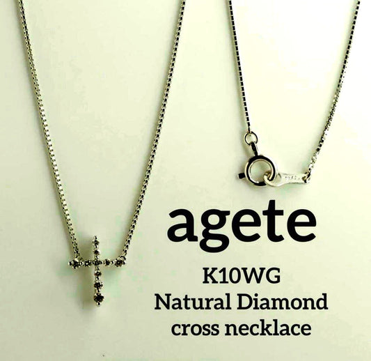 Agete Law K10WG diamond cross necklace in 10 karat white gold with pouch