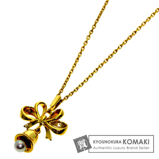 Mikimoto ladies pearl necklace with bell ribbon motif in yellow gold, 3.4mm pearls on 38cm chain
