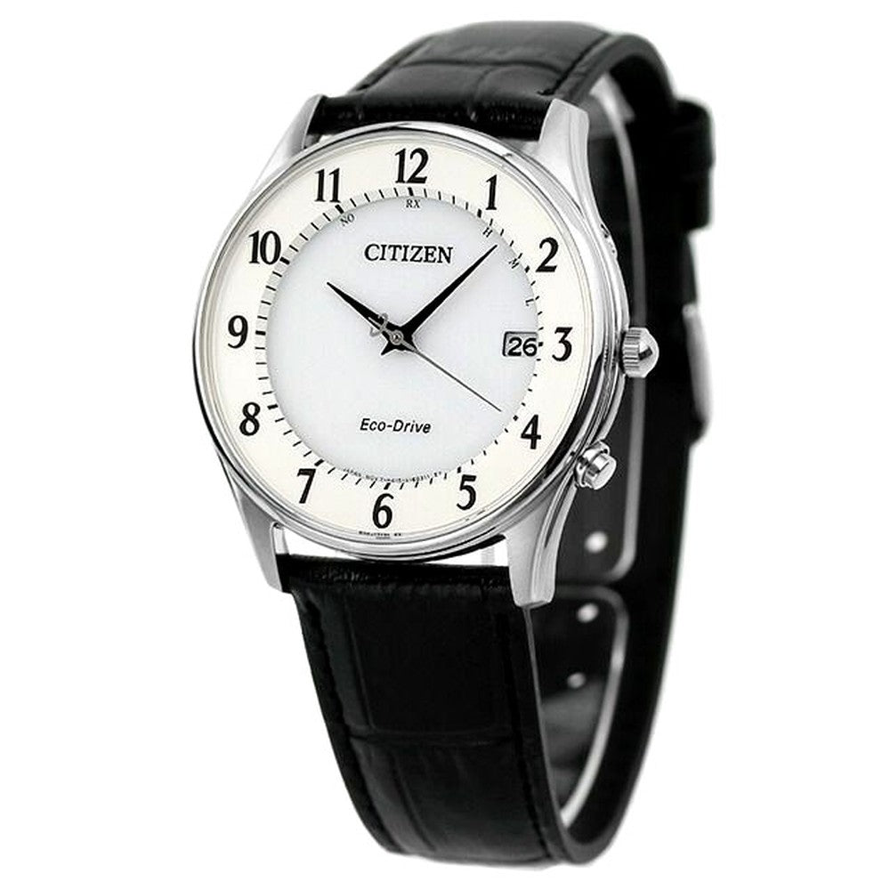Citizen men's AS1060-11A watch with white dial, black cowhide leather band, and stainless steel case