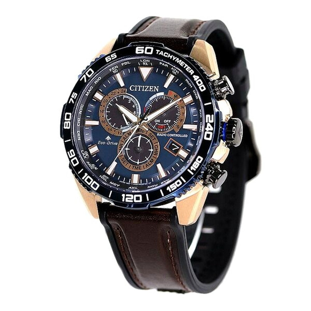 CITIZEN Promaster Land Eco-Drive radio-controlled watch with navy dial, brown and black leather band, stainless steel case with gold plating