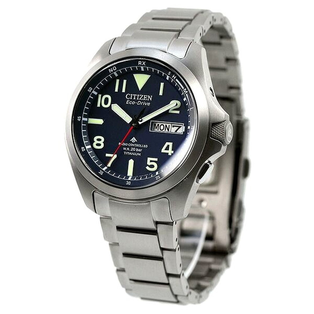 Citizen Men’s AT6080-53L Promaster Land watch with navy dial and silver super titanium band