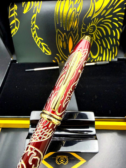 Cross Taunzt 2017 Year of the Rooster rare twist ballpoint pen with red lacquer, gold rooster engraving, and Swarovski crystal cap