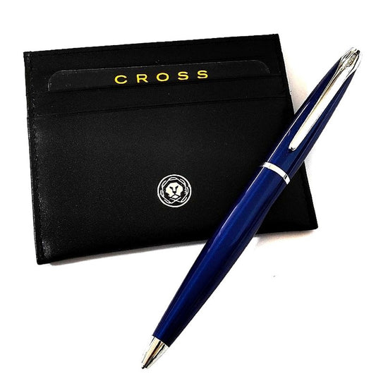 Cross ATX blue translucent ballpoint pen with matching card case and gift box set from Japan
