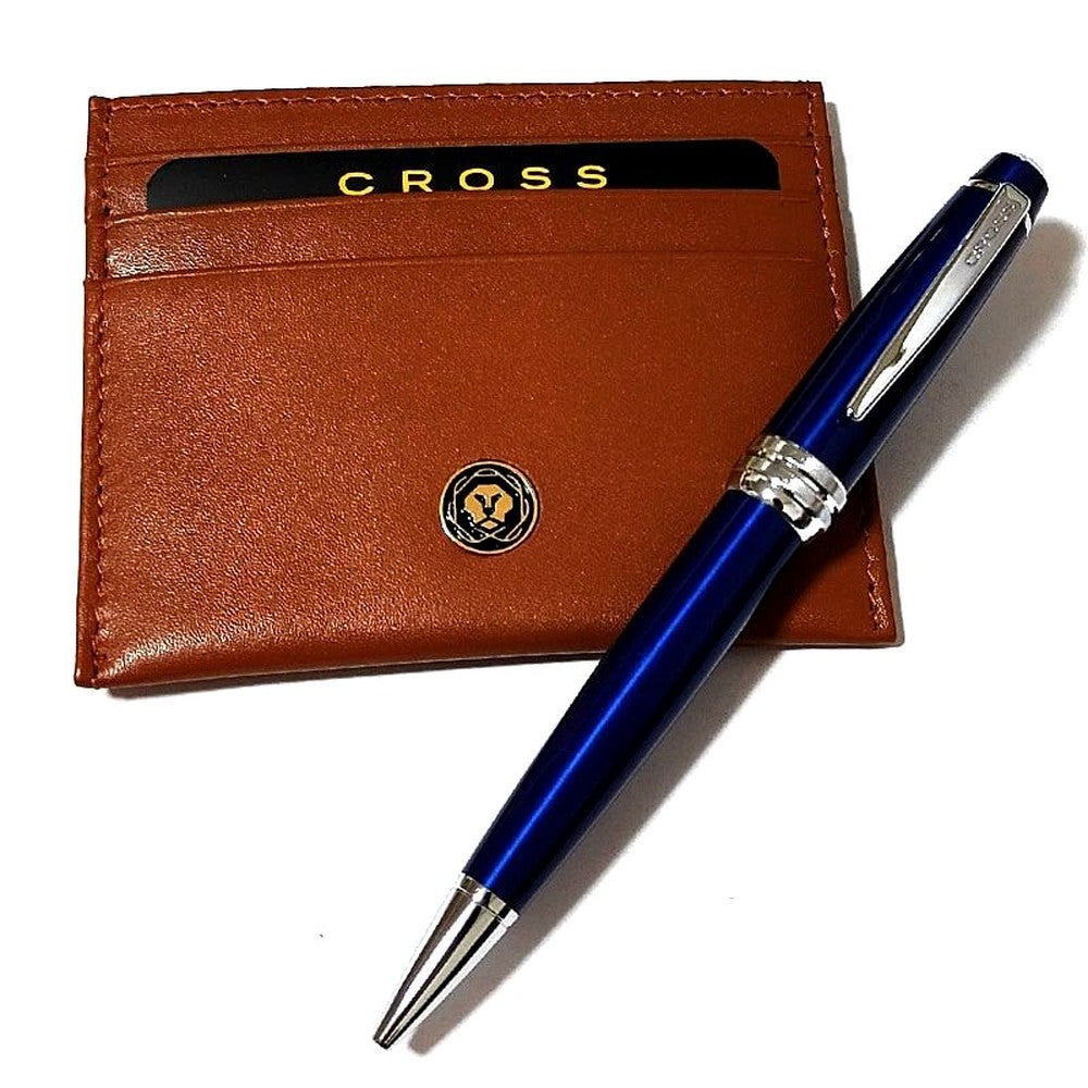 CROSS Bailey ballpoint pen and blue card case gift set with special box, elegant brass and chrome finish