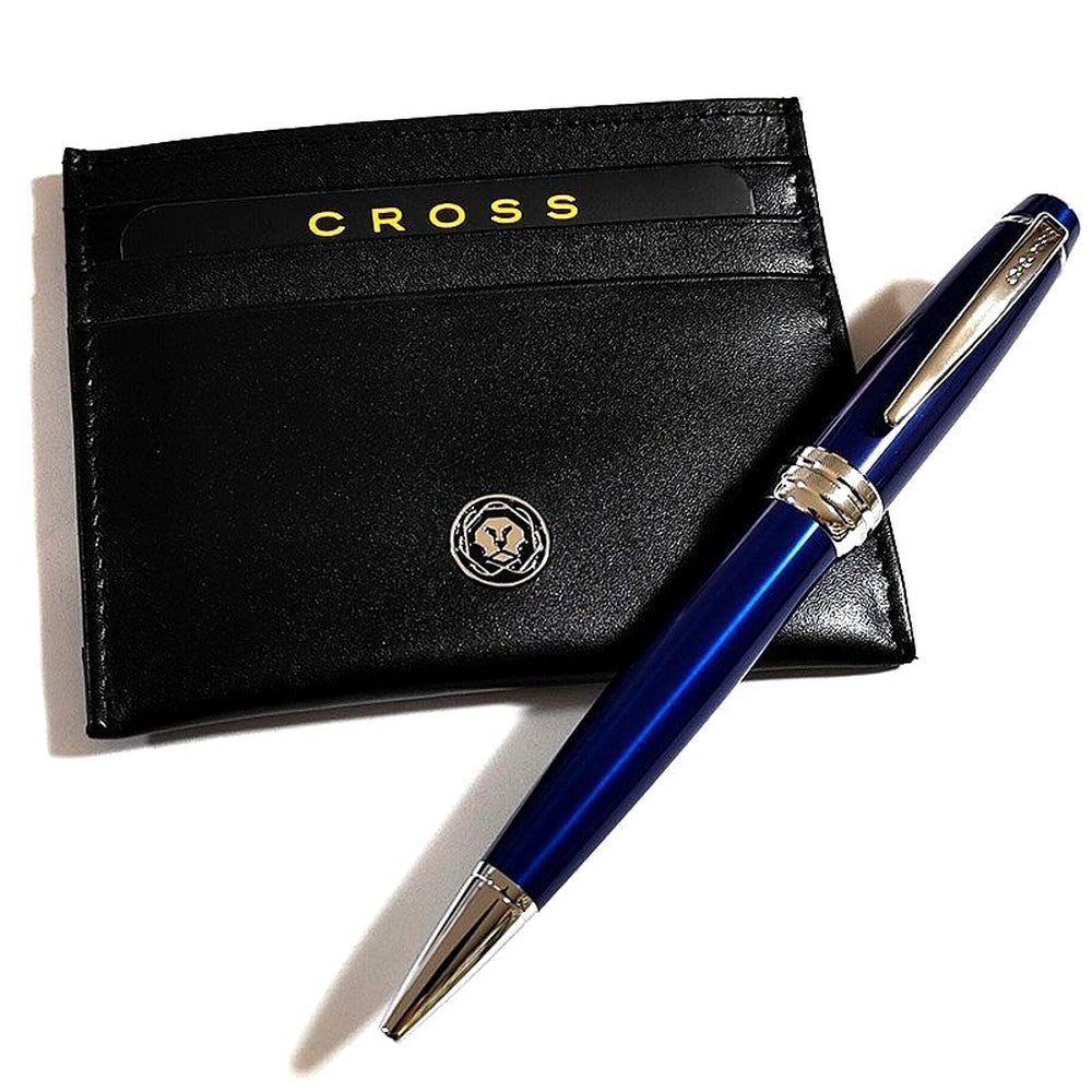 Cross Bailey blue twist ballpoint pen with brass body and lacquer finish alongside leather-like card case and special gift box