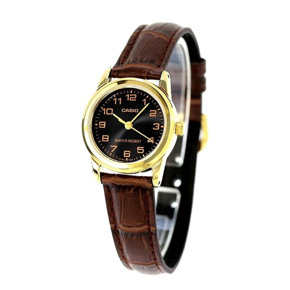 Casio Quartz Women's Watch LTP-V001GL-1BDF with brown leather band and black analog dial