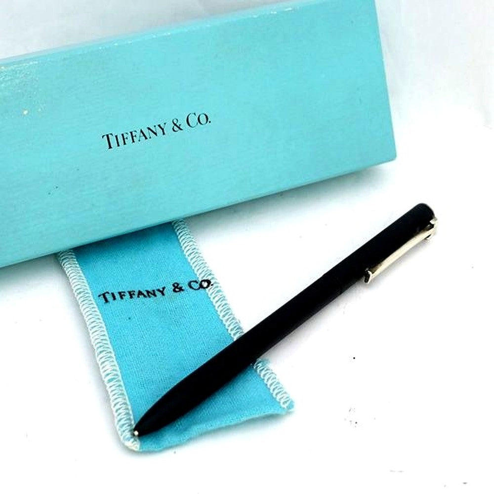 Tiffany & Co. T Clip Silver 925 black slim twist ballpoint pen with storage pouch and box