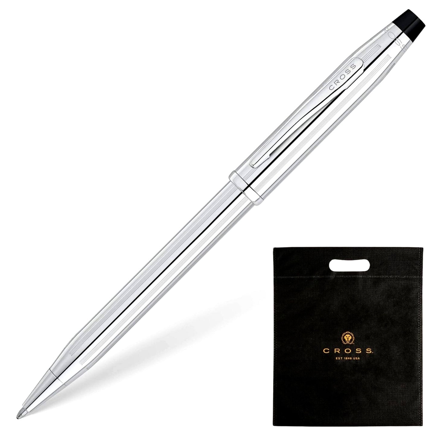 Cross Century II ballpoint pen with silver finish and simple ring accent, shown in premium gift box