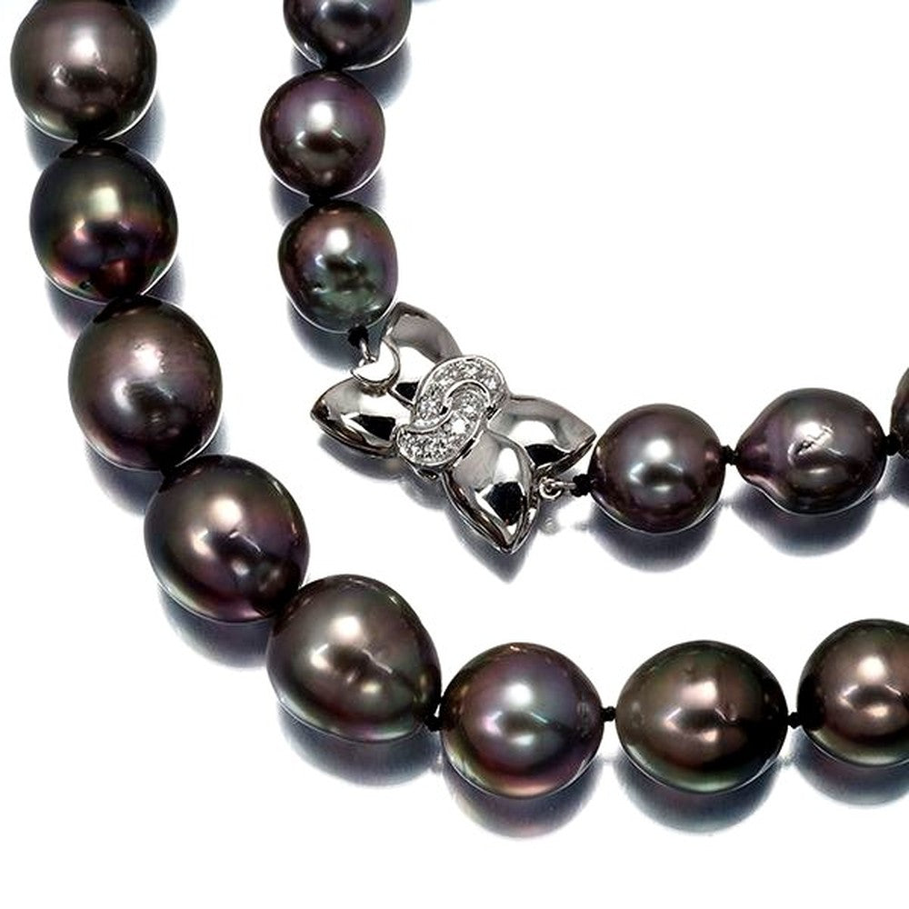 Tasaki black pearl necklace with 9.7-12.7mm pearls and 0.12ct diamonds on Pt900 chain