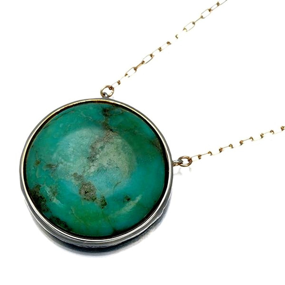 Agete turquoise circle necklace in K10 yellow gold and silver with 40/45 cm chain length and 16.5 mm diameter pendant