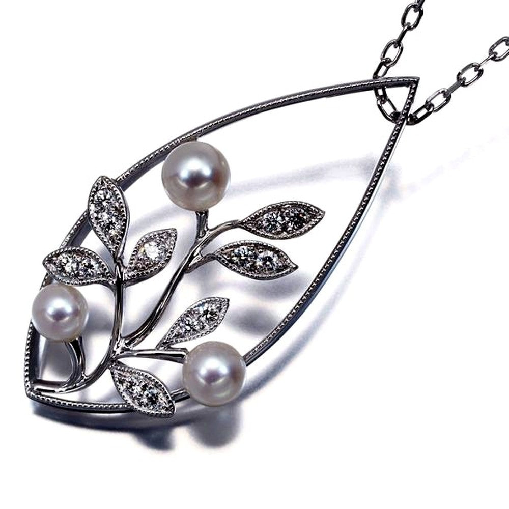 Mikimoto pearl necklace with 3.8-4.5mm pearls and diamond leaf pendant in 18k white gold, 42 cm length