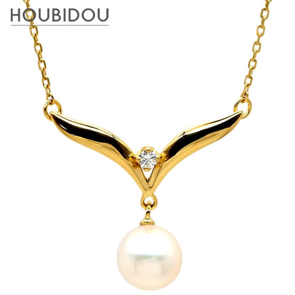 Mikimoto pearl necklace with white pearls and yellow gold V-shape pendant, mid-size length