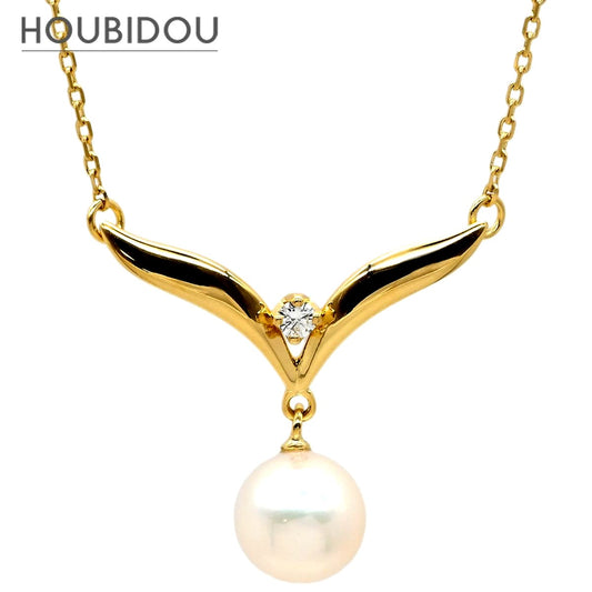 Mikimoto pearl necklace with white pearls and yellow gold V-shape pendant, mid-size length