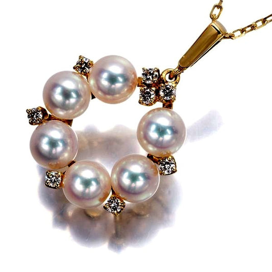 Mikimoto necklace with 5.3mm pearl and diamond circle pendant in 18k yellow gold, 38cm chain
