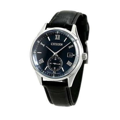Citizen Eco-Drive BV1120-15L men's watch with navy dial, black leather strap, and stainless steel case