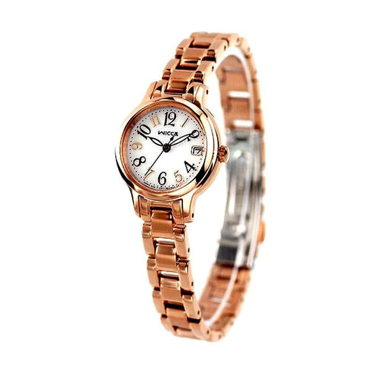 Citizen Wicca solar tech ladies wristwatch KH4-963-13 with silver dial and pink gold stainless steel band