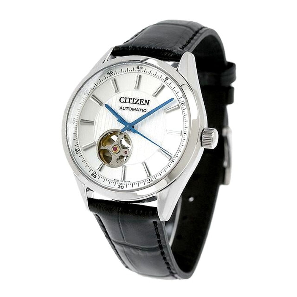 Citizen Collection Mechanical Classic Open Heart Watch NH9111-11B with silver dial and black cowhide leather band