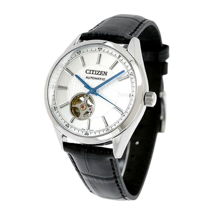 Citizen Collection Mechanical Classic Open Heart Watch NH9111-11B with silver dial and black cowhide leather band