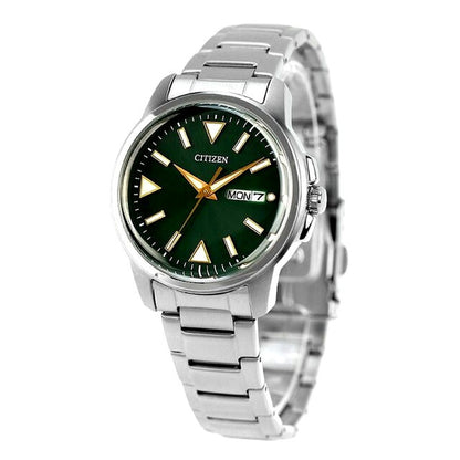Citizen BM8180-71W watch with green dial, stainless steel case and band, displaying day and date features