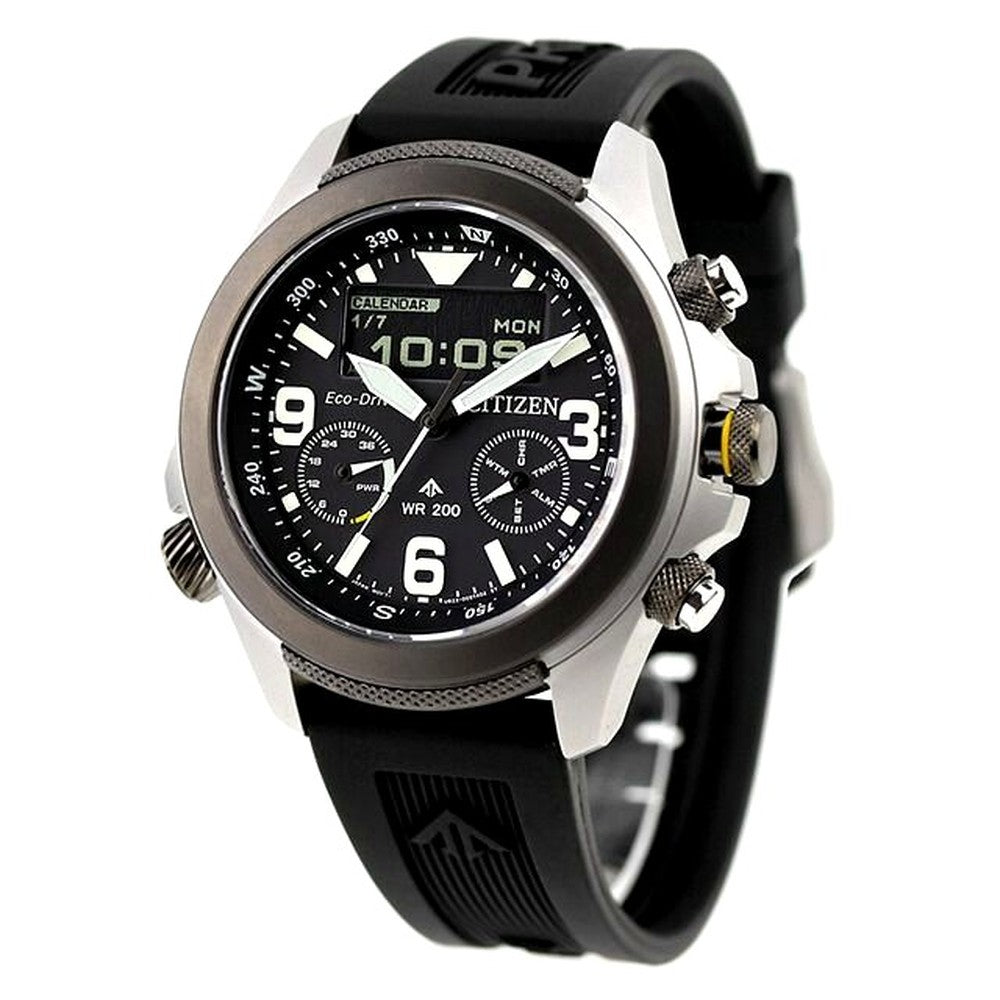 Citizen PROMASTER Land men's watch JV1007-07E with black dial, stainless steel gray case, and black biomass urethane band