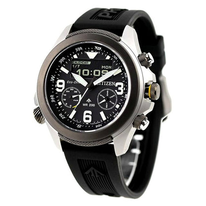 Citizen PROMASTER Land men's watch JV1007-07E with black dial, stainless steel gray case, and black biomass urethane band