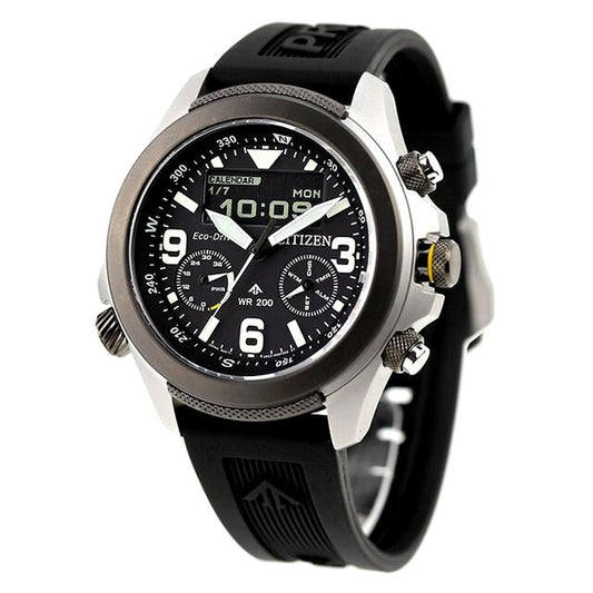 Citizen PROMASTER Land men's watch JV1007-07E with black dial, stainless steel gray case, and black biomass urethane band