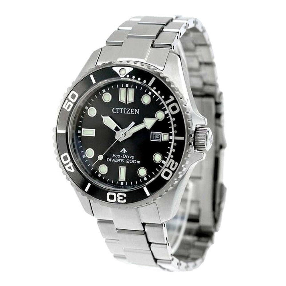 Citizen PROMASTER Marine Diver 200m BN0261-51E watch with black dial and silver stainless steel split pipe band