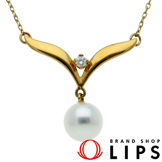 Mikimoto Pearl Diamond Necklace with about 7.0mm pearl and 42cm yellow gold chain