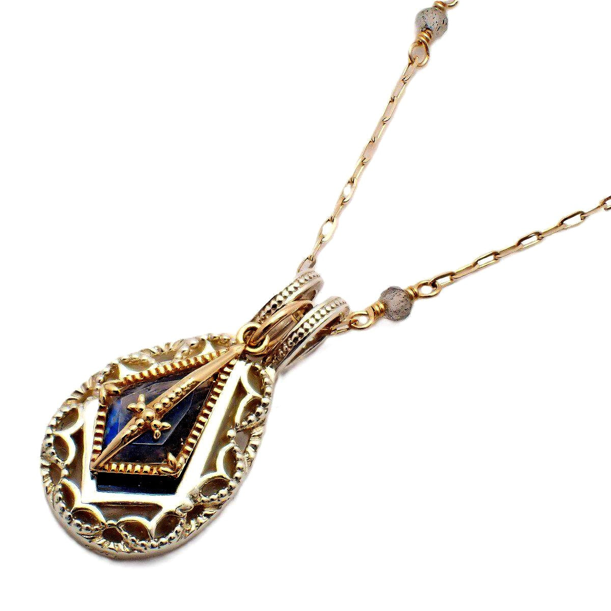 Agete two-way necklace with K10 silver, felspar, labradorite and purple goldstone on a white background