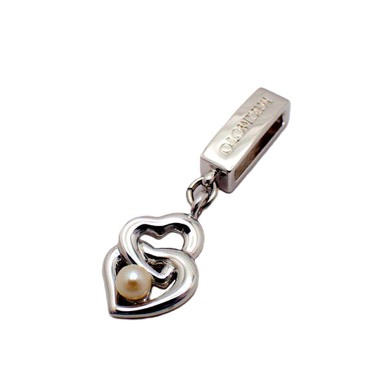 MIKIMOTO Double Heart Pendant made of silver with a pearl, showing front view on white background