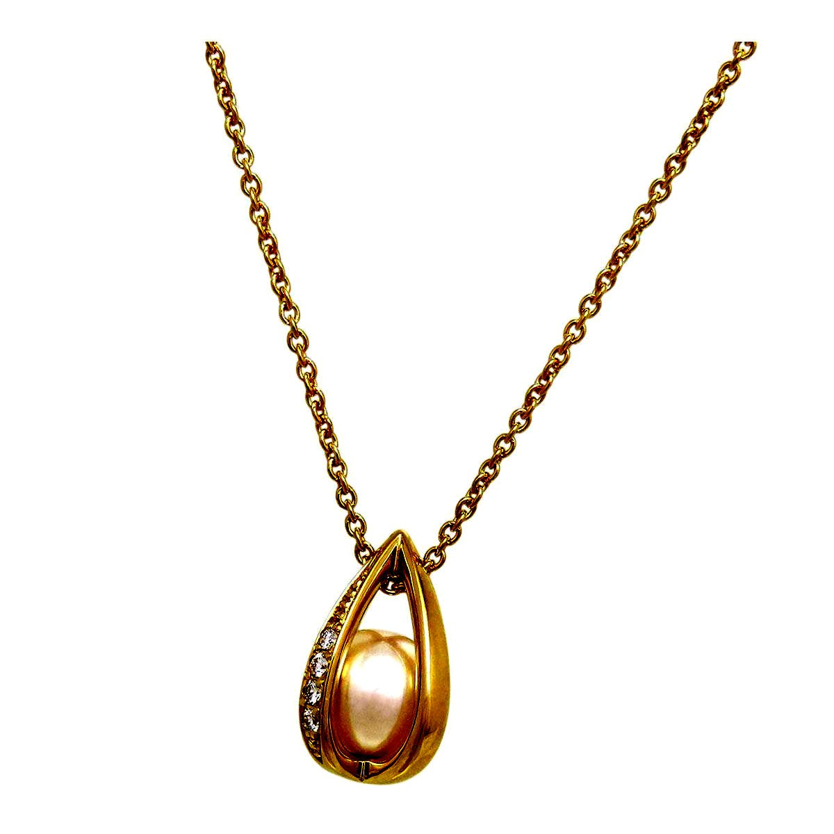 Mikimoto Akoya pearl teardrop diamond necklace with 40cm chain and 7.1mm pearl diameter displayed