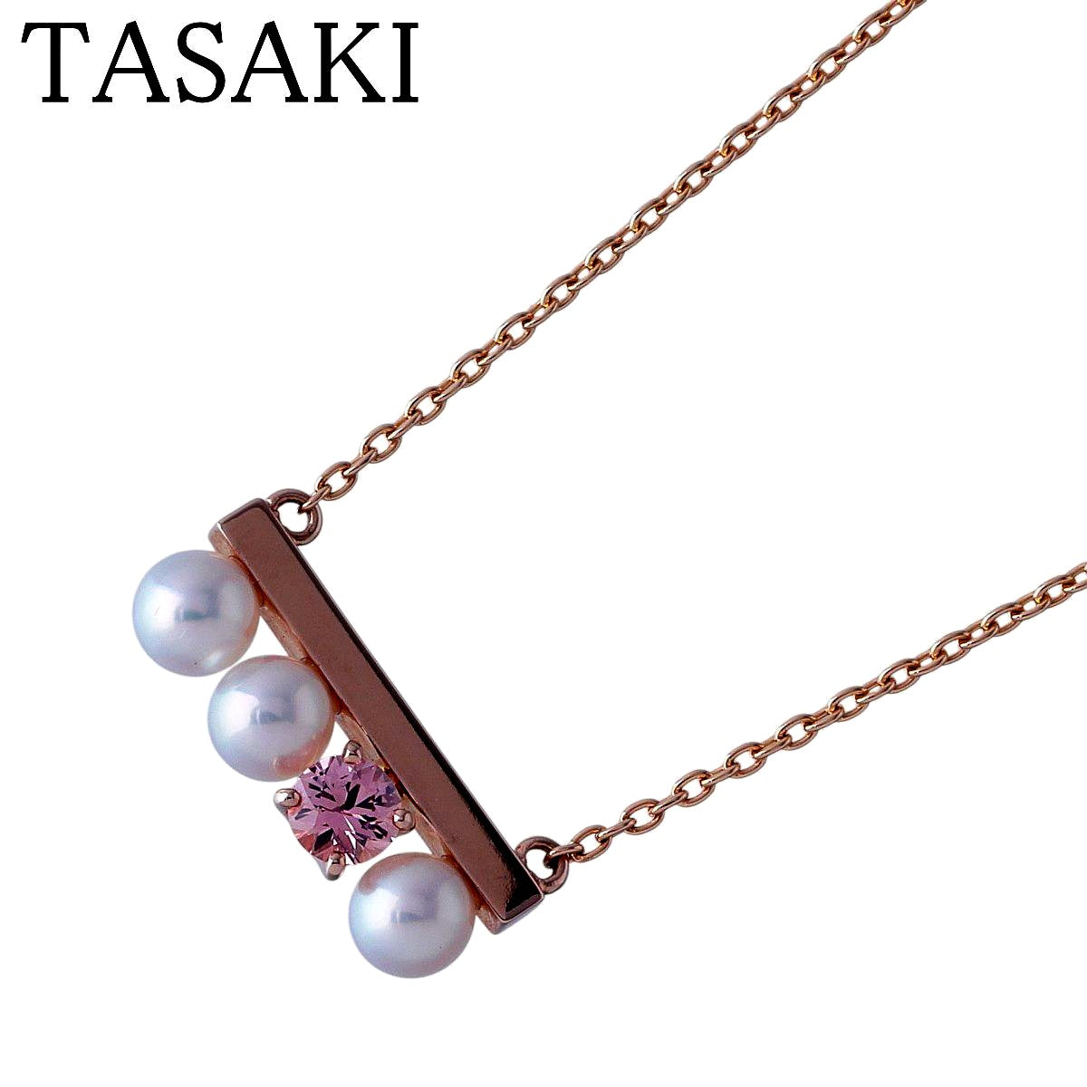 Tasaki Petit Balance Solo Necklace with 3 Akoya pearls and pink sapphire pendant on 45cm gold chain