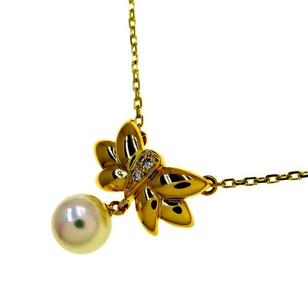 Mikimoto Akoya pearl diamond necklace in yellow gold with 7.0mm pearl, 39cm length, displayed on white background