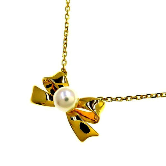 Mikimoto Akoya pearl necklace in 18k yellow gold with 5.1mm pearls and ribbon design, 39.5 cm length
