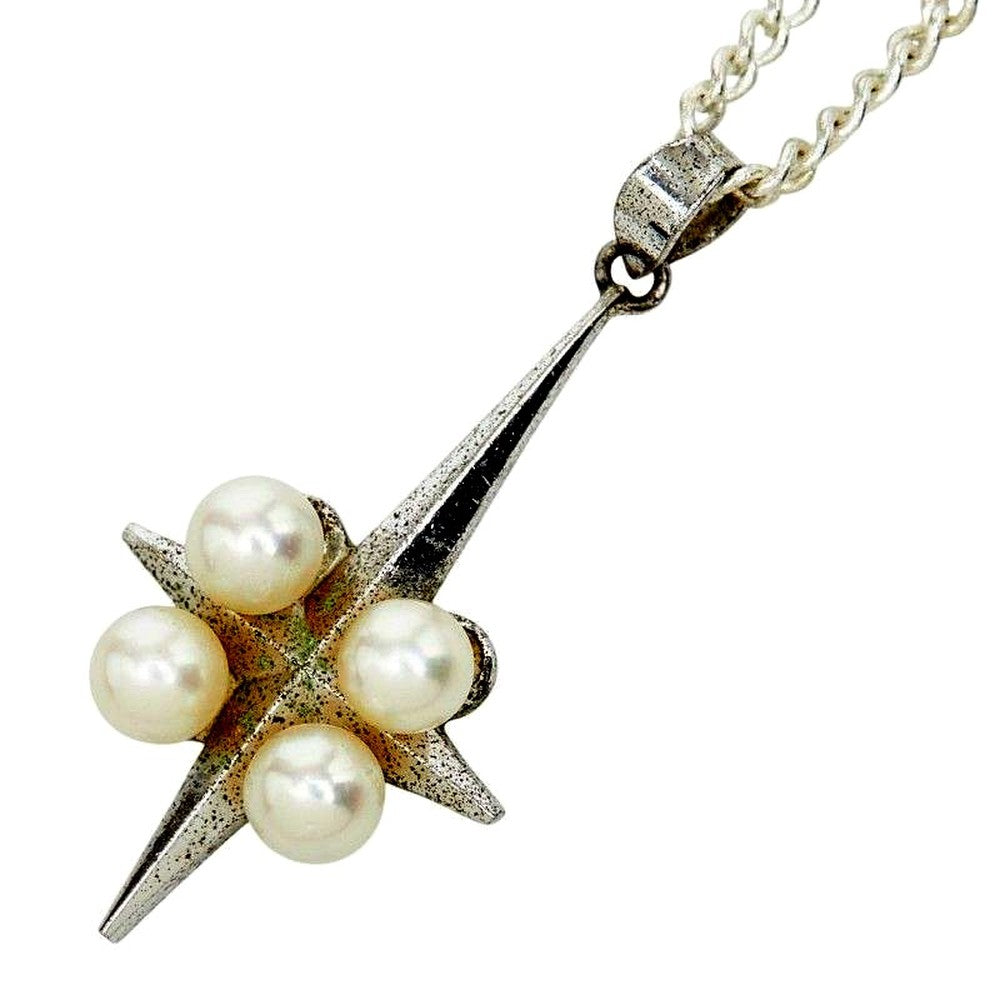 Mikimoto Cross Cross pendant necklace made of SV925 silver with a pearl, showing 45.3cm chain length and detailed pendant