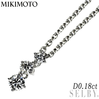 Mikimoto K18WG diamond pendant necklace featuring three stones with a 0.18ct total diamond weight on a white gold chain