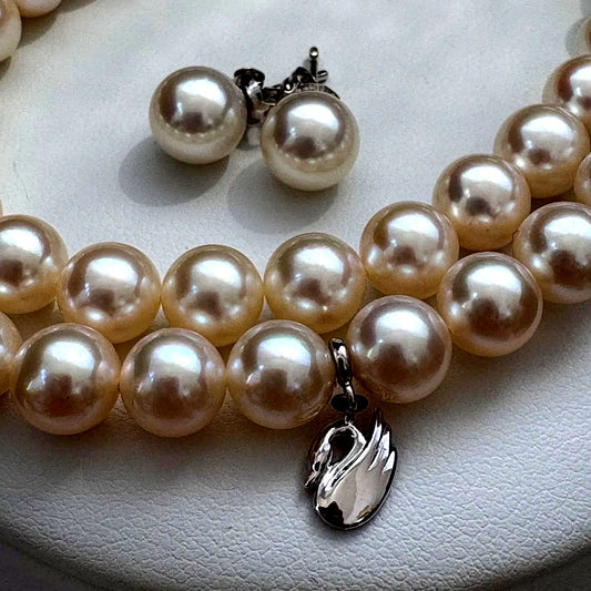 Tasaki Akoya pearl necklace and earrings set with swan charm and certificate