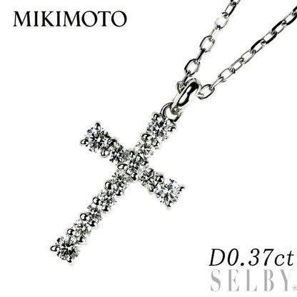 Mikimoto K18WG white gold cross pendant necklace with 0.37ct diamond on 42cm chain