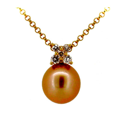 Tasaki Law gold necklace featuring an 8.8mm golden pearl and 0.12ct diamond on an 18K yellow gold chain