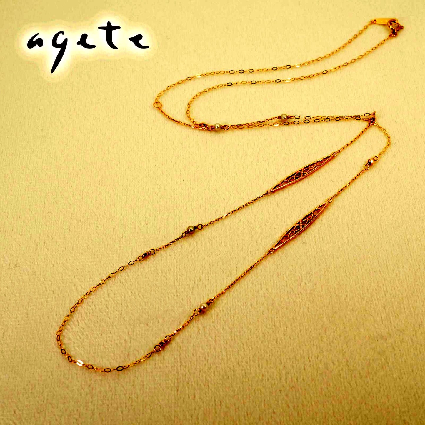 Agete K10 openwork chain necklace with natural pearls, size detailed in image, model 26-1535