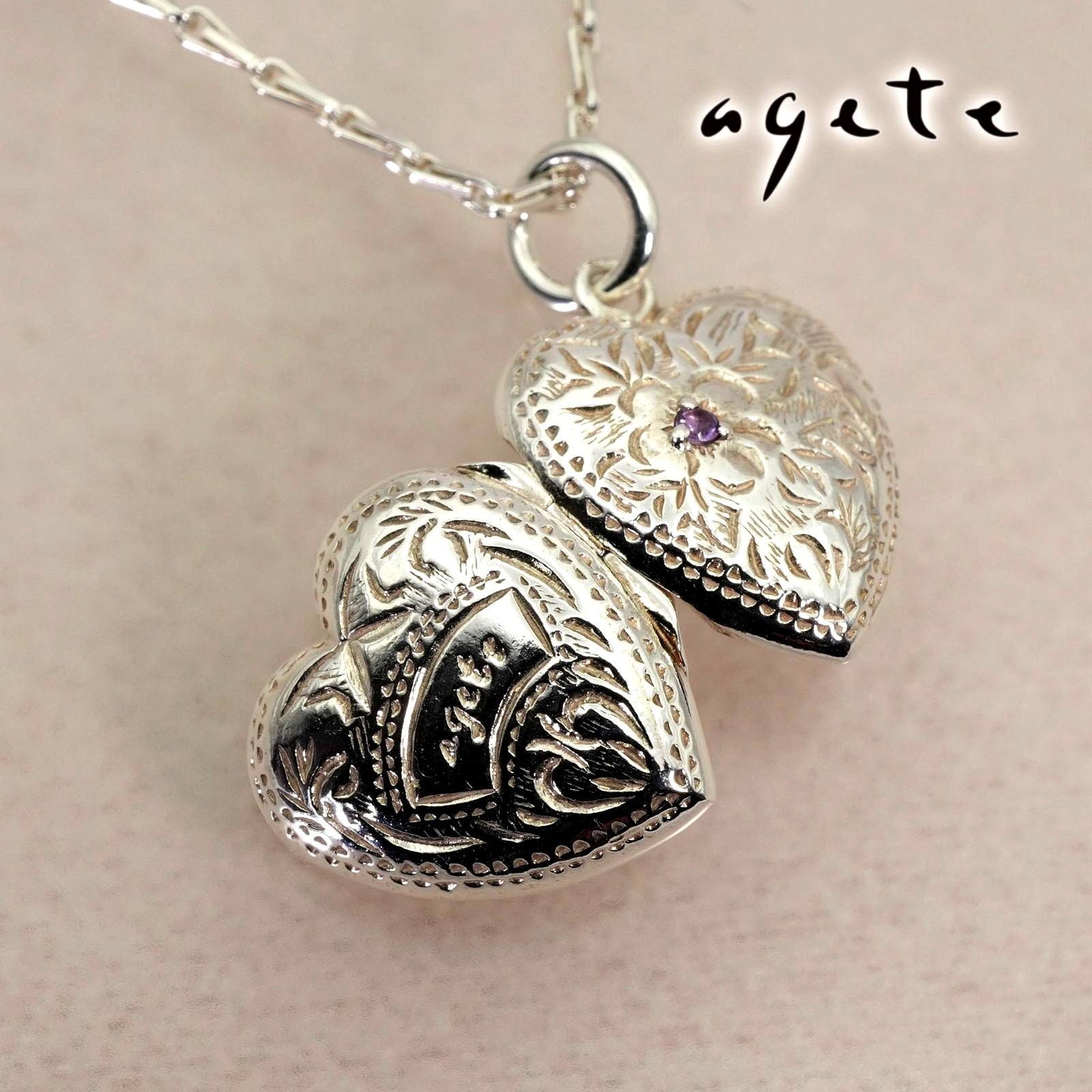 Agete Heart Rocket necklace with amethyst stone in 925 silver, cleaned and polished, size details shown in images