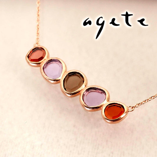 Agete K10 Skinny Multi-Color Necklace featuring multi-colored stones on a delicate gold chain