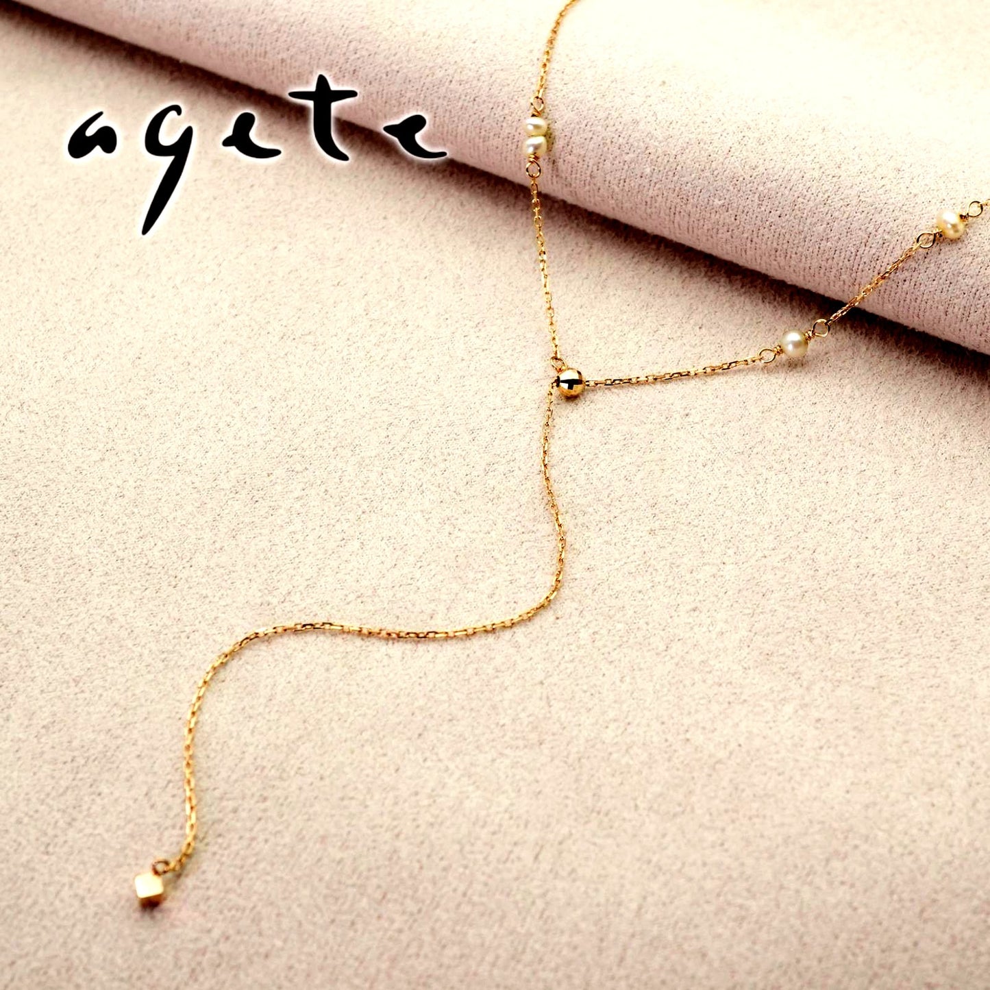Agete Y-shaped long necklace made of K10 gold with freshwater pearls, clean and polished
